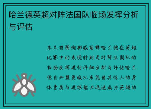 哈兰德英超对阵法国队临场发挥分析与评估