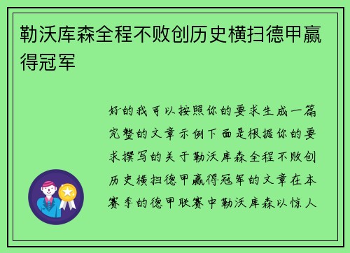 勒沃库森全程不败创历史横扫德甲赢得冠军