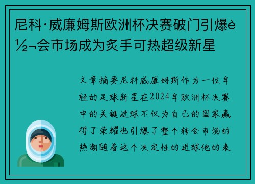 尼科·威廉姆斯欧洲杯决赛破门引爆转会市场成为炙手可热超级新星